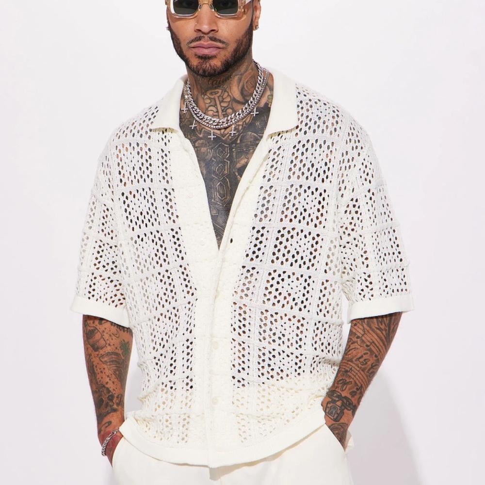 Cream Crochet Men’s Knit Button Up shirt
